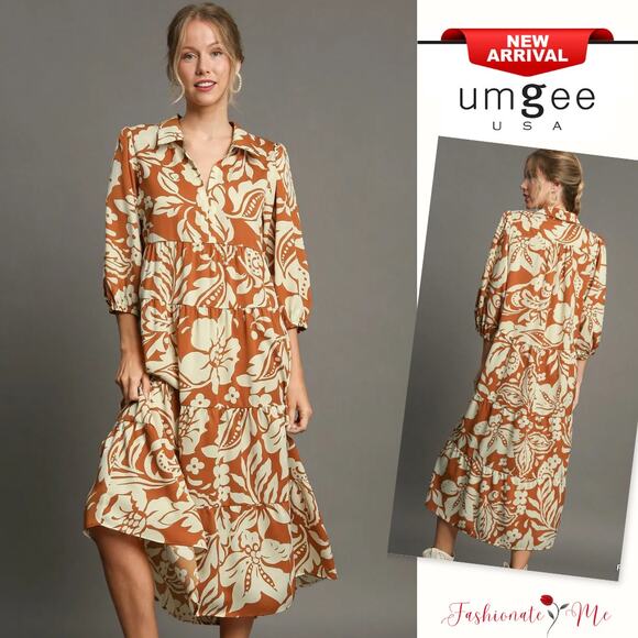 Umgee Floral Print Collared Neck Half Sleeves Tiered Design Midi Dress | Rust - Picture 1 of 7